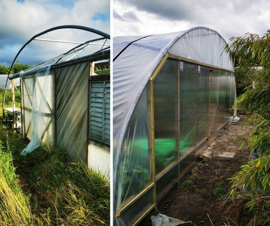 Close-up image featuring detailed repairs on a greenhouse structure, highlighting our skilled craftsmanship