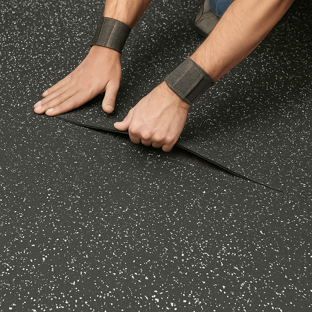 Worker laying rubber flooring in a gym