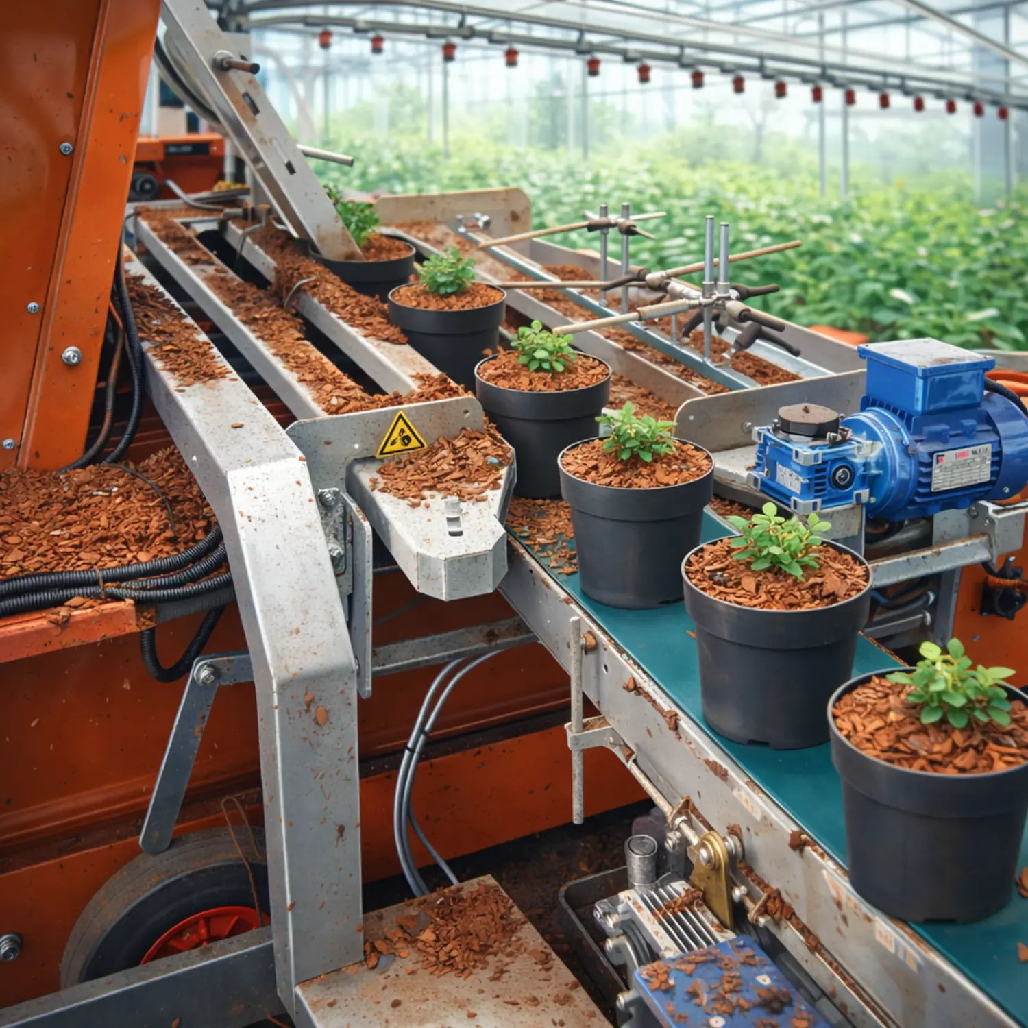 Bark topper machine applying bark mulch to pots with small young plants.