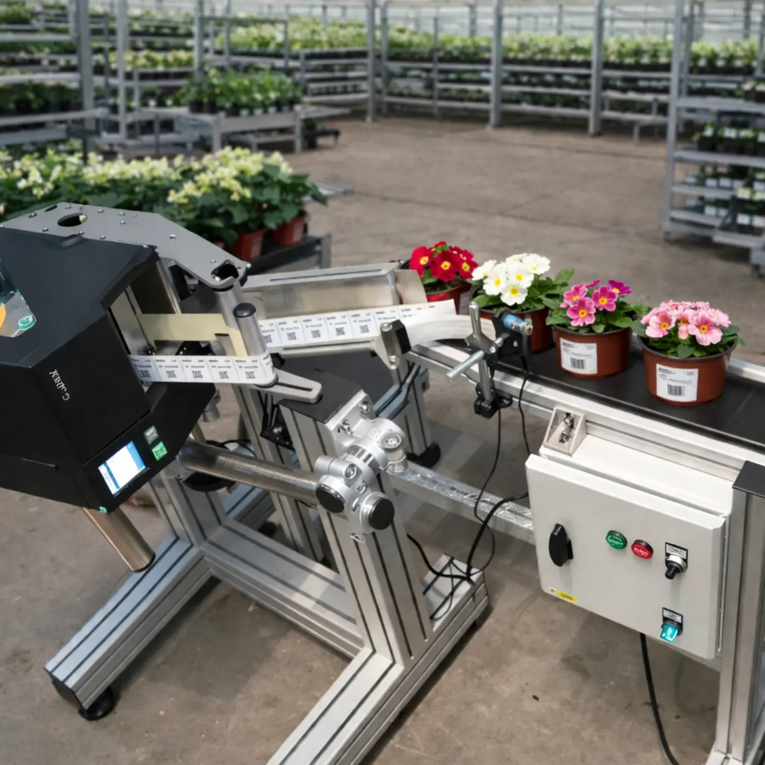 Industrial labeling machine applying labels to flower pots