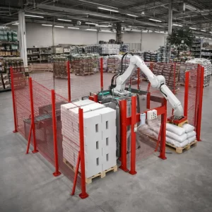 Automated palletizer system enclosed in a safety zone, operating inside a garden center warehouse with conveyors and stacked pallets.