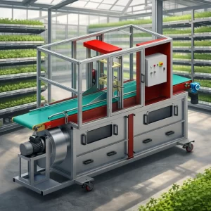 Plant trimmer machine installed in an industrial greenhouse with vertical farming systems.