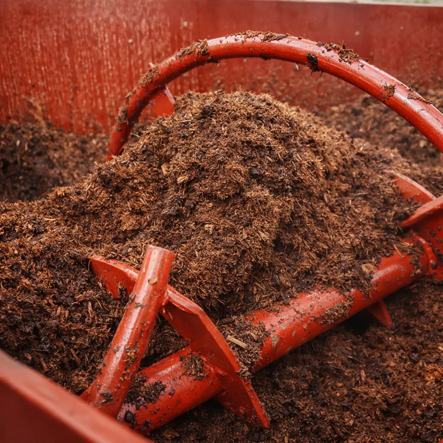 Inside view of a soil mixer showing the blending of soil and organic growing materials