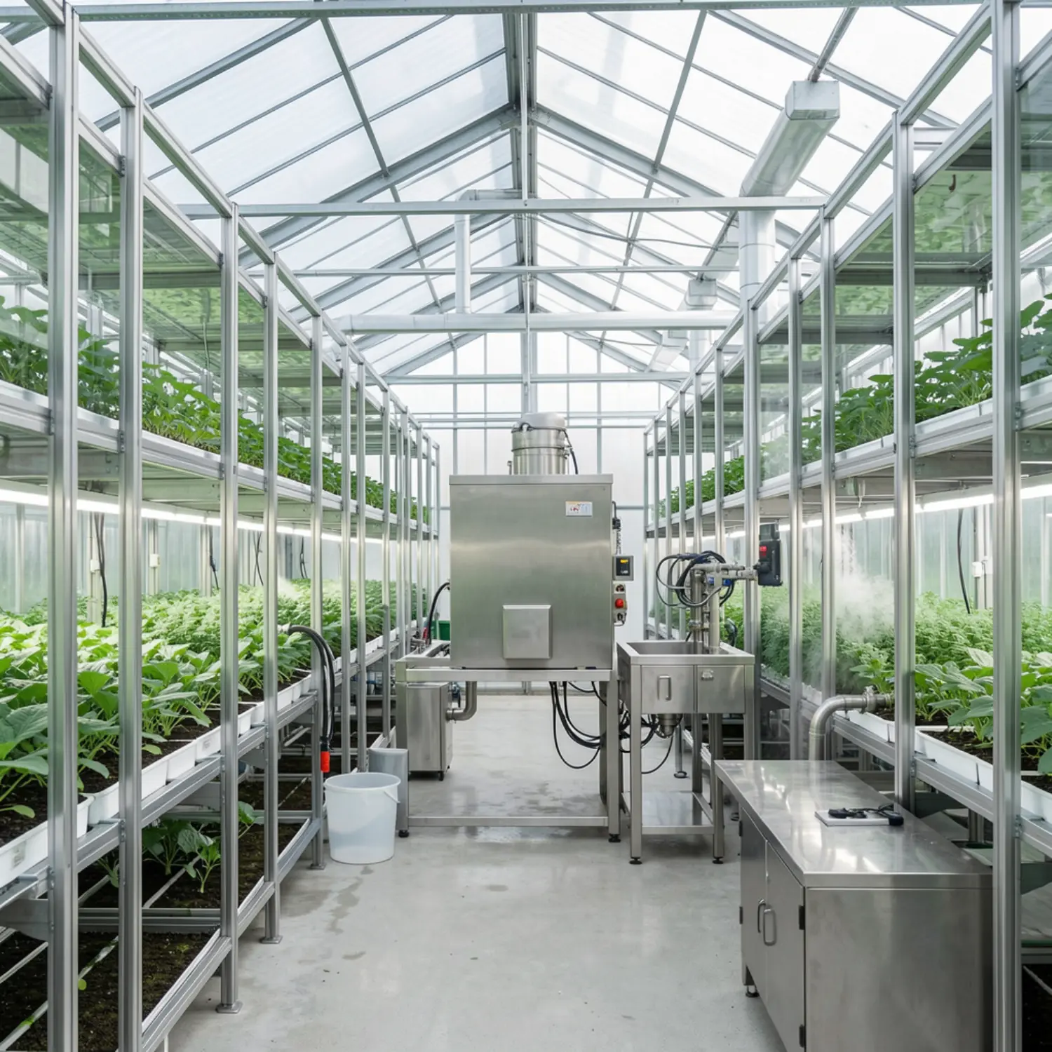 Vertical farming growing racks arranged in stacked layers within an industrial greenhouse environment